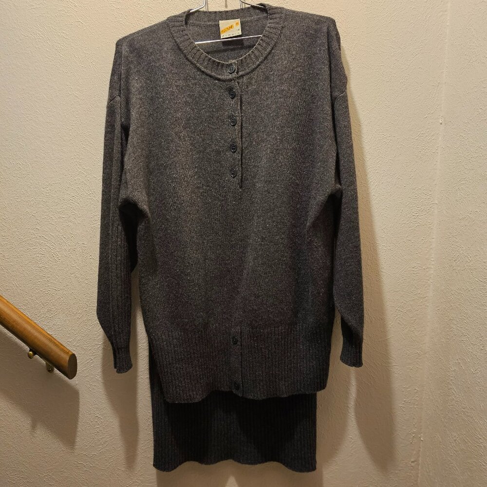 Grey knit sweater and skirt set